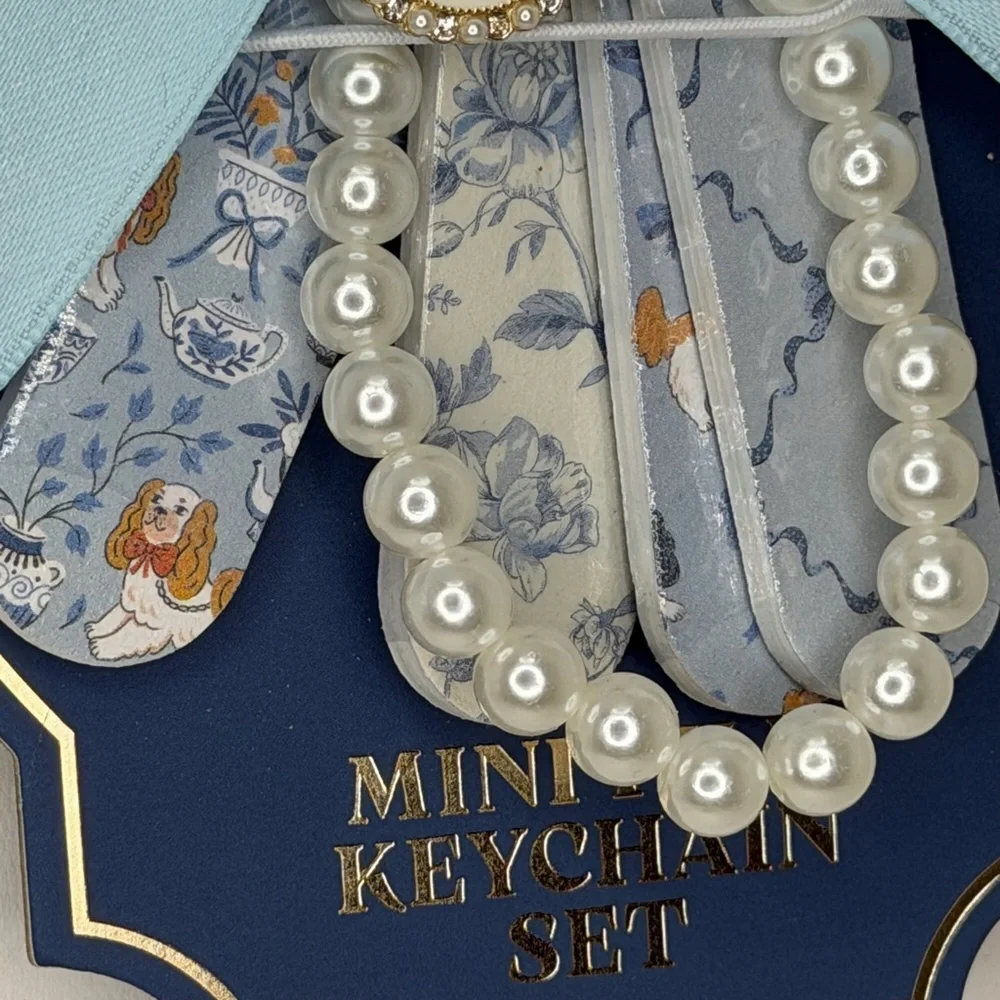 Blue Bow Faux Pearl Bag Charm and Mini File Keychain Set